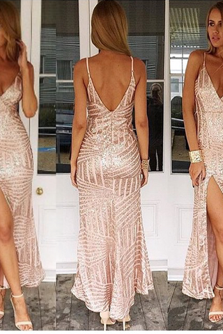 Glamorous V-Neck Sequins Prom Dress Long With Split Sleeveless