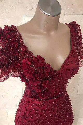 Glamorous V-Neck Short Sleeves Beading Flower Mermaid Floor-Length Prom Dresses