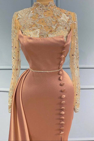 Wunderschönes Meerjungfrau-Abendkleid aus Spitze mit hohem Halsausschnitt und langen Ärmeln
