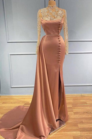 Wunderschönes Meerjungfrau-Abendkleid aus Spitze mit hohem Halsausschnitt und langen Ärmeln