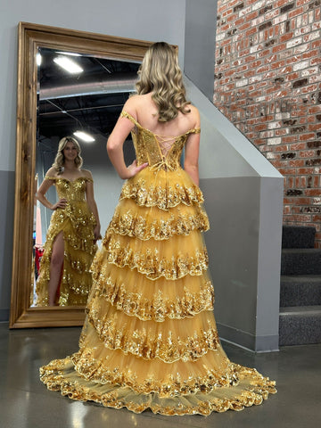 A Line Off the Shoulder Corset Prom Dress with Lace Ruffles