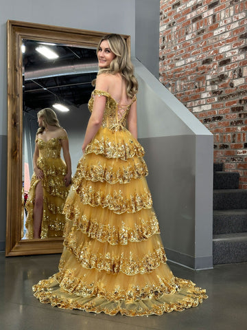 A Line Off the Shoulder Corset Prom Dress with Lace Ruffles