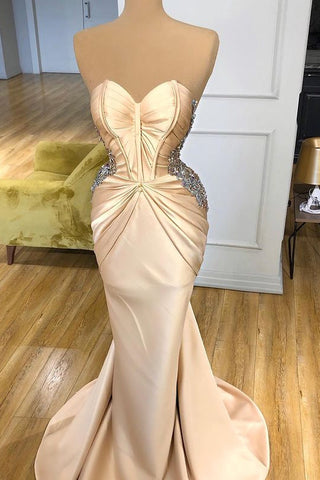 Wunderschönes Champagner-Ballkleid Meerjungfrau Lang Mit Kristallen Sweetheart