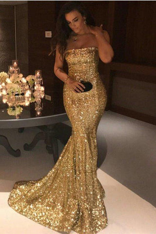 Wunderschöne goldene Pailletten Meerjungfrau Abendkleider Schicke trägerlose Ballkleider