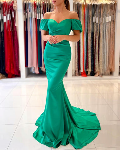 Wunderschönes Grünes Meerjungfrau Abendkleid Lang Im Angebot Off-the-Shoulder