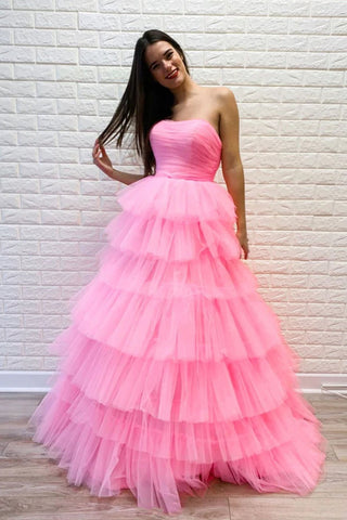 Gorgeous Long A-line Strapless Layered Tulle Prom Dress Pink Formal Evening Dresses