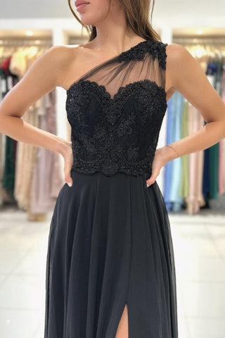 Gorgeous Long Black One Shoulder Lace Evening Prom Dresseses With Split Online