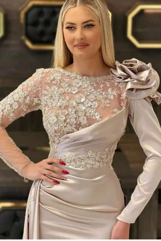 Gorgeous Long Champagne Mermaid Lace With Long Sleeves