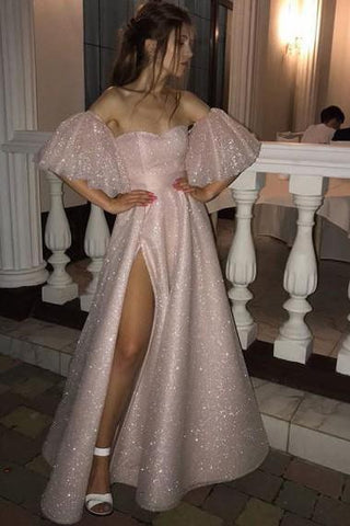 Gorgeous Pearl Pink Sequins High Split A-line Formal Dresses with Bracelet