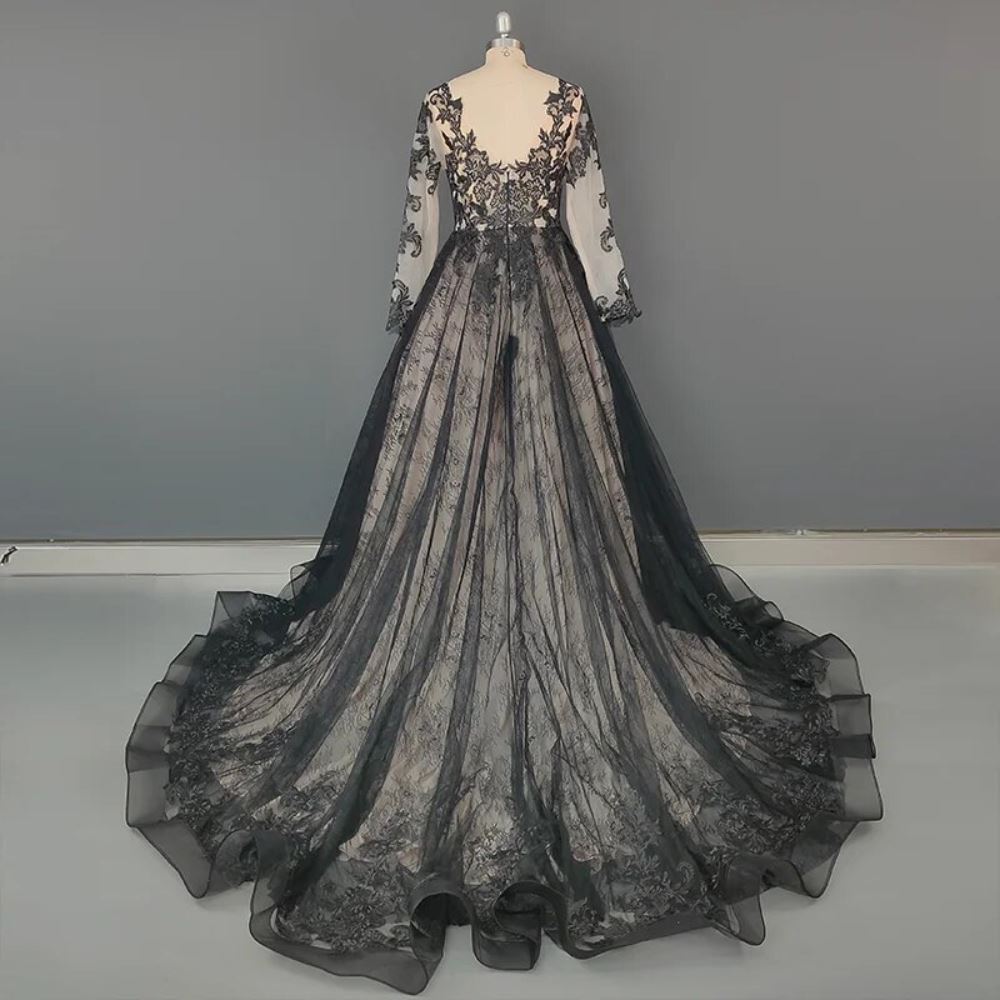 Gothic Black Vintage Illusion Backless Wedding Dress Luxury Wedding Dresses BlissGown 