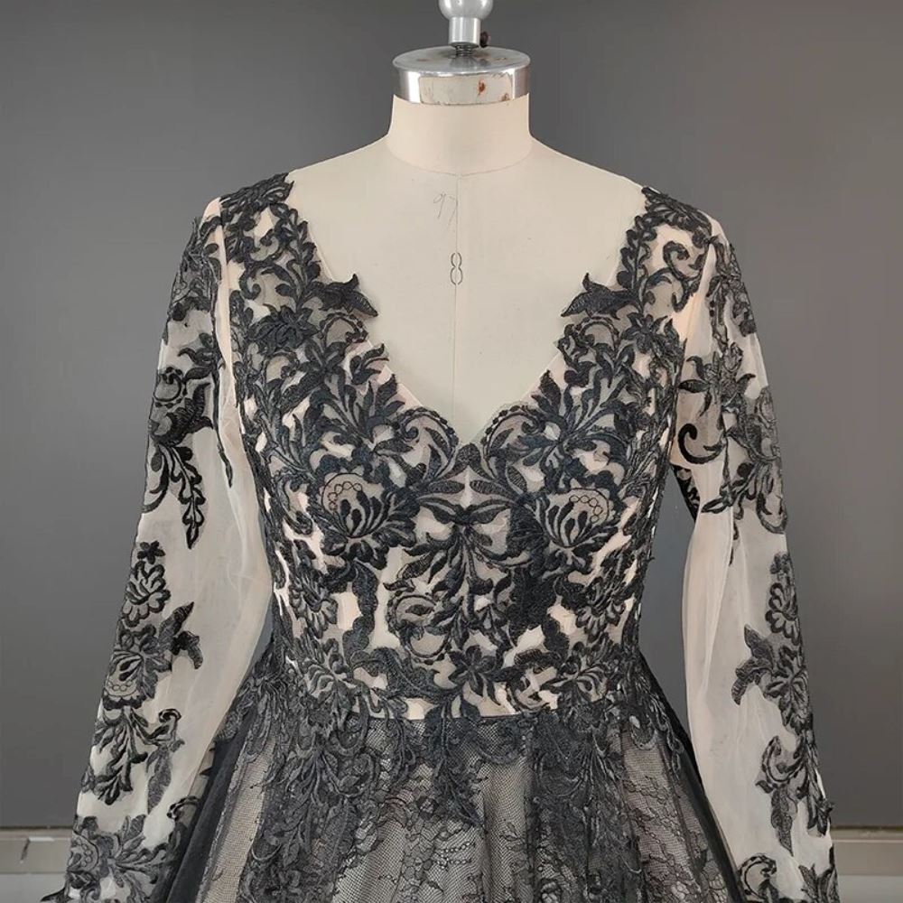 Gothic Black Vintage Illusion Backless Wedding Dress Luxury Wedding Dresses BlissGown 