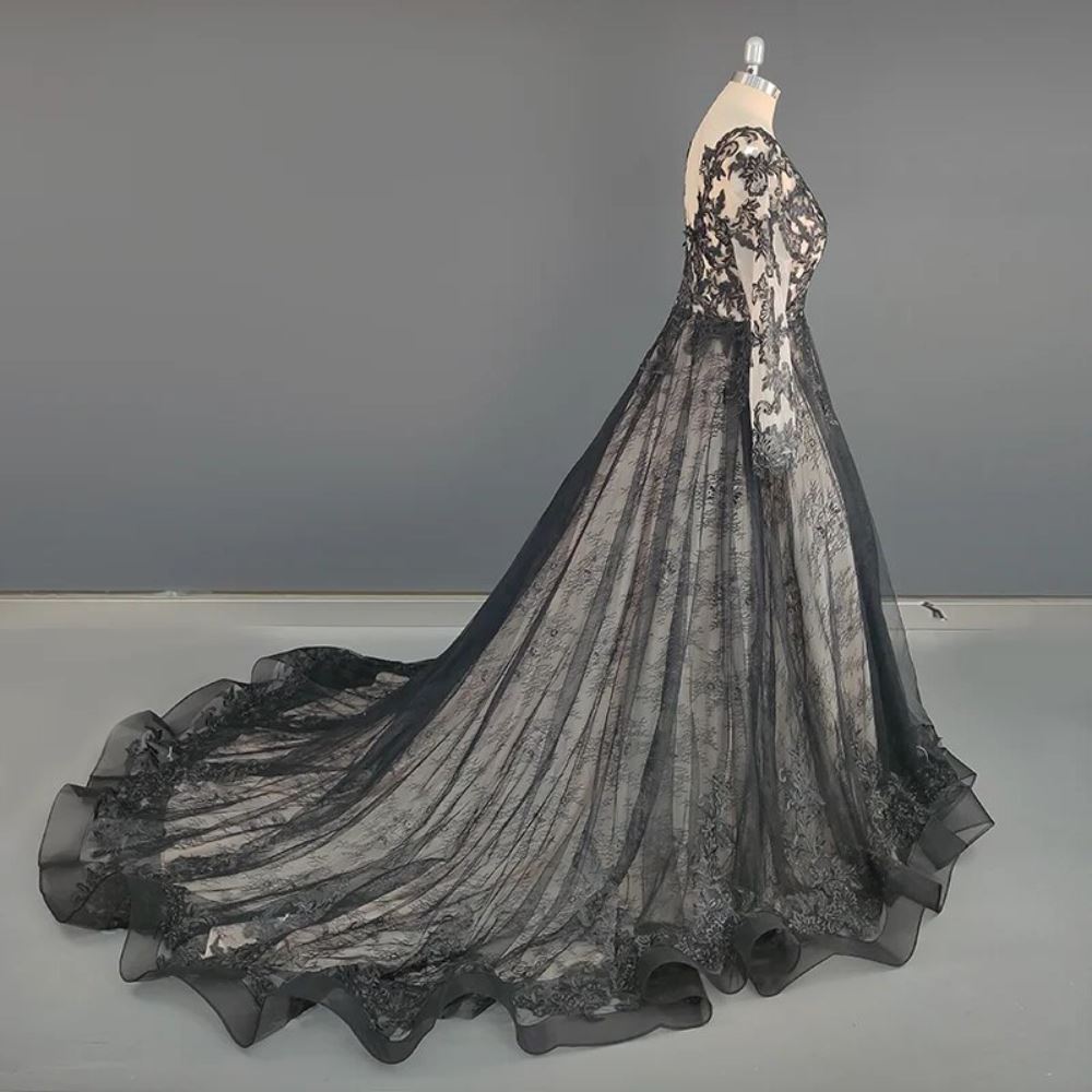 Gothic Black Vintage Illusion Backless Wedding Dress Luxury Wedding Dresses BlissGown 