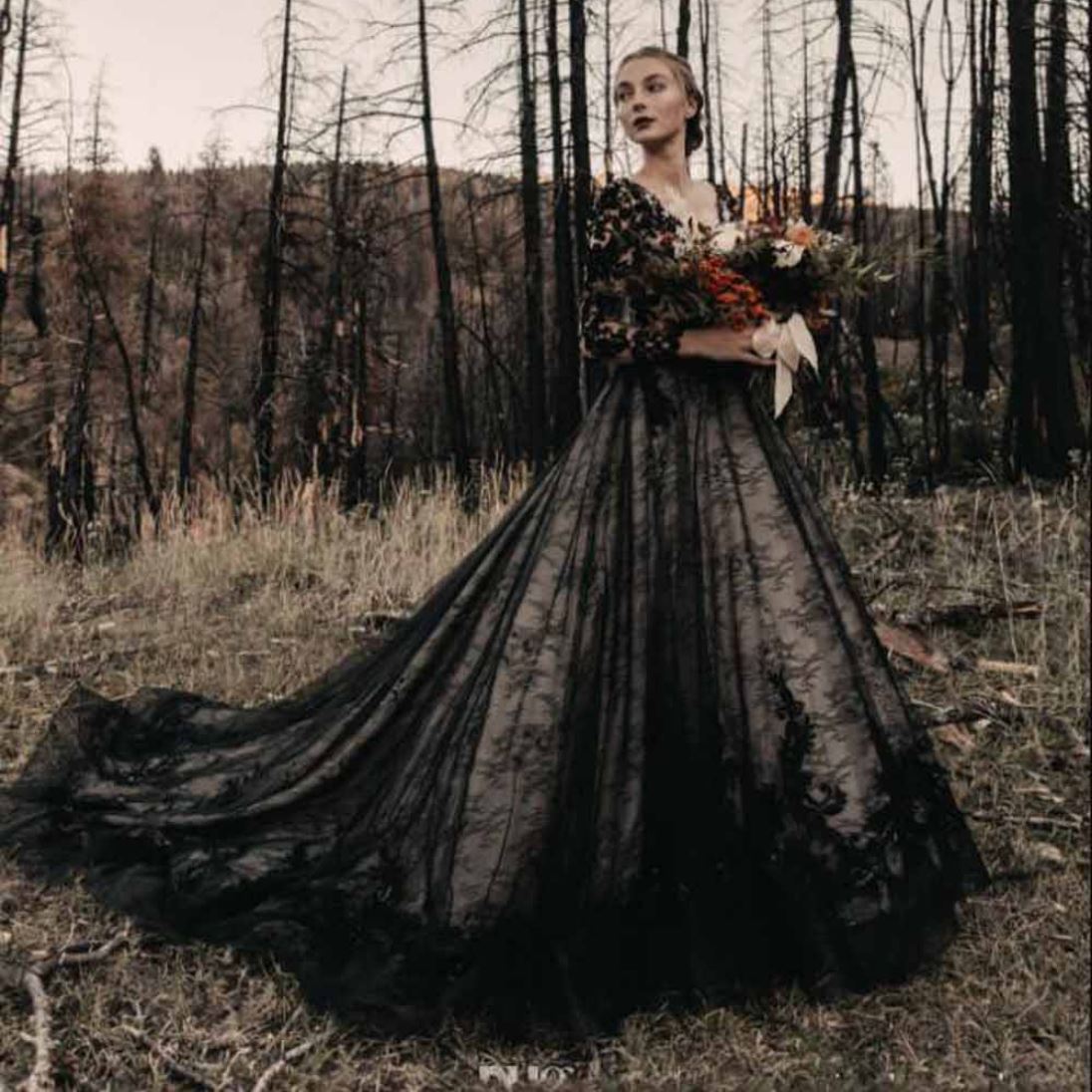 Gothic Black Vintage Illusion Backless Wedding Dress Luxury Wedding Dresses BlissGown Black 20W 