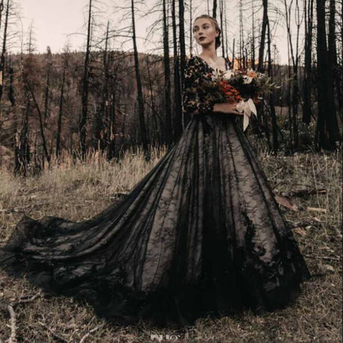 Gothic Black Vintage Illusion Backless Wedding Dress Luxury Wedding Dresses BlissGown Black 20W 