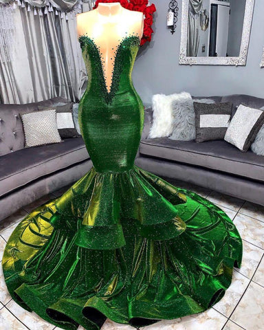 Green Glamorous Ruffles Mermaid Prom Dresses Chic Sweetheart Appliques Long Evening Dresses