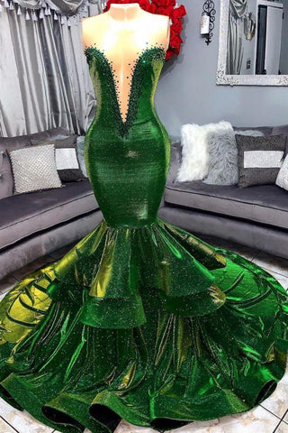 Green Glamorous Ruffles Mermaid Prom Dresses Chic Sweetheart Appliques Long Evening Dresses