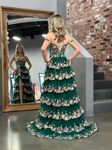 A Line Off the Shoulder Corset Prom Dress with Lace Ruffles