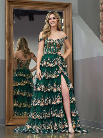 A Line Off the Shoulder Corset Prom Dress with Lace Ruffles