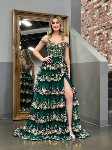 A Line Off the Shoulder Corset Prom Dress with Lace Ruffles