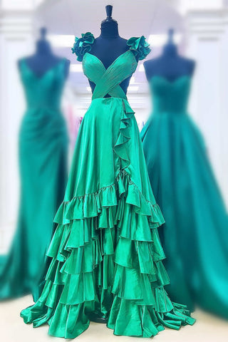 Cutout Ruffle A-Line Long Prom Dress with Slit