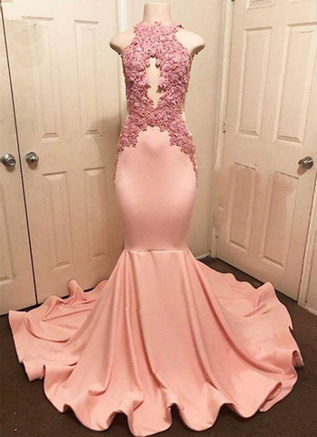 Halter Pink Lace Party Dresses Mermaid Formal Dresses