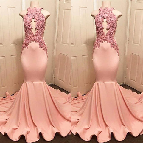 Halter Pink Lace Party Dresses Mermaid Formal Dresses