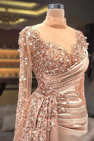 High Neck Mermaid Lange Ärmel Spitze Pailletten Lange Lange Ärmel Mit Seitenschleppe Ballkleider