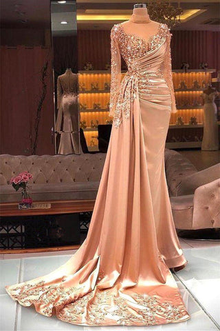 High Neck Mermaid Lange Ärmel Spitze Pailletten Lange Lange Ärmel Mit Seitenschleppe Ballkleider