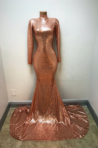 High-Neck Sequins Party Dresses Mermaid Long-Sleeve Evening Gowns