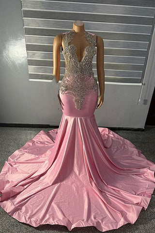 Hochgeschlossenes, einzigartiges, silberfarbenes, perlenbesetztes, rosa Meerjungfrau-Abschlussballkleid