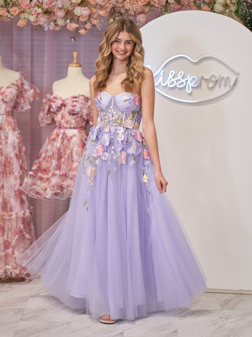 A-Linien-Heimkehrkleid aus trägerlosem Tüll mit 3D-Blumen