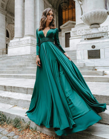 Long Sleeve Plunging V-Neck High Slit Gown