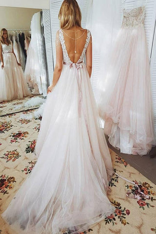 Fabulous Lace A Line Bodice Open Back Beach Wedding Dresses with Sash