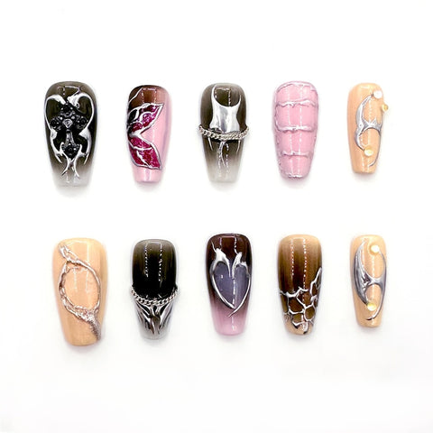 Gothic Press-On Nails with Metallic Chains,Heart,Butterfly Design Nails Custom Handmade Coffin Nails Chrome False Nails Elegant Acrylic Nail