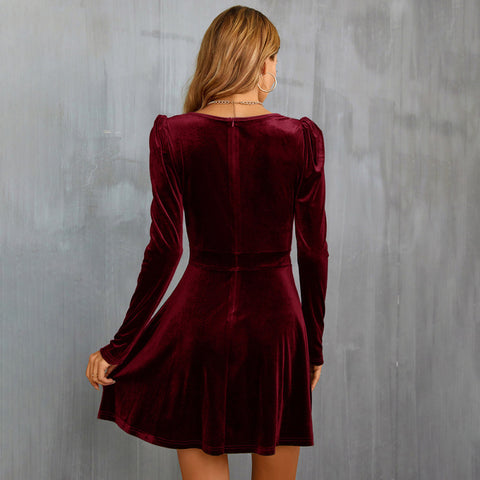 New V-Neck Sexy Leg of Lamb Sleeves Waist A-Line Long Sleeve Velvet Dress