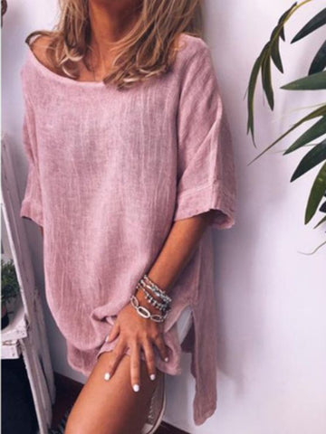 Summer new casual cotton linen solid color hem slit dress