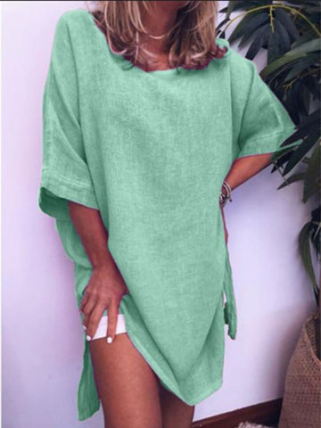 Summer new casual cotton linen solid color hem slit dress