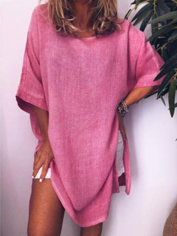 Summer new casual cotton linen solid color hem slit dress