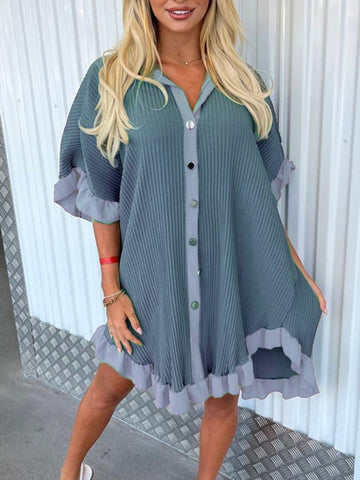 New Solid Color Shirt Dress Ruffle Sleeve Irregular Shirt Dress-chiquechics