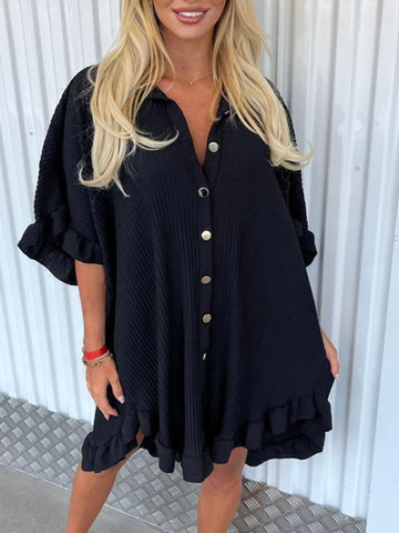 New Solid Color Shirt Dress Ruffle Sleeve Irregular Shirt Dress-chiquechics