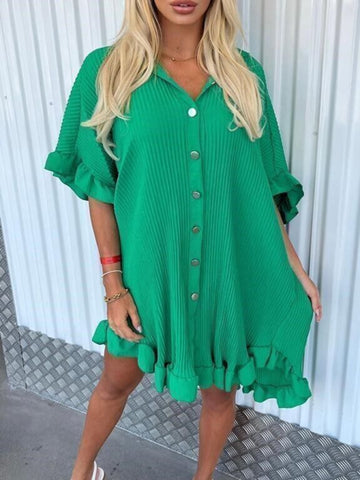 New Solid Color Shirt Dress Ruffle Sleeve Irregular Shirt Dress-chiquechics