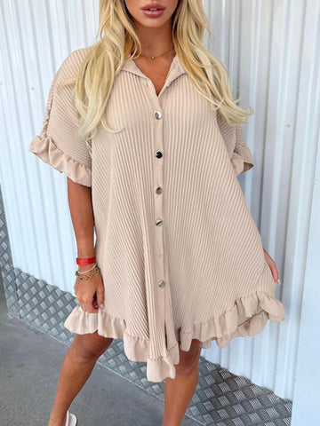 New Solid Color Shirt Dress Ruffle Sleeve Irregular Shirt Dress-chiquechics