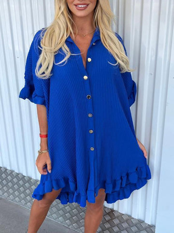 New Solid Color Shirt Dress Ruffle Sleeve Irregular Shirt Dress-chiquechics