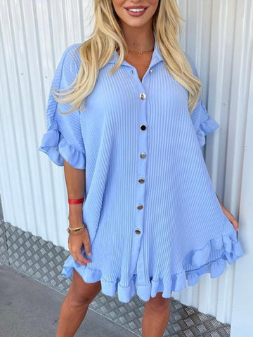 New Solid Color Shirt Dress Ruffle Sleeve Irregular Shirt Dress-chiquechics