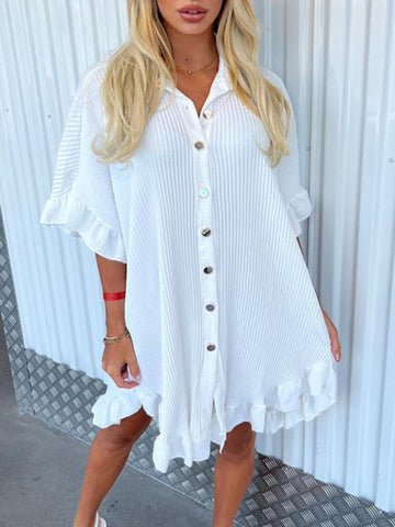 New Solid Color Shirt Dress Ruffle Sleeve Irregular Shirt Dress-chiquechics