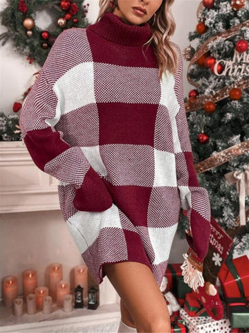 Robe pull ample à carreaux contrastés et amincissante à col roulé de Noël 