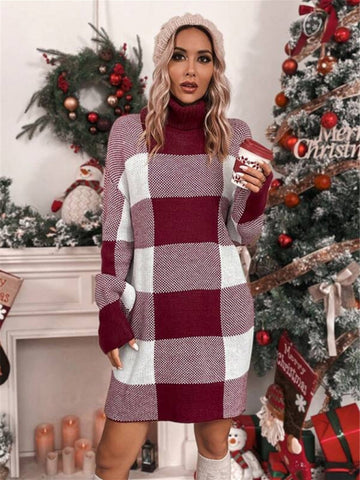 Robe pull ample à carreaux contrastés et amincissante à col roulé de Noël 