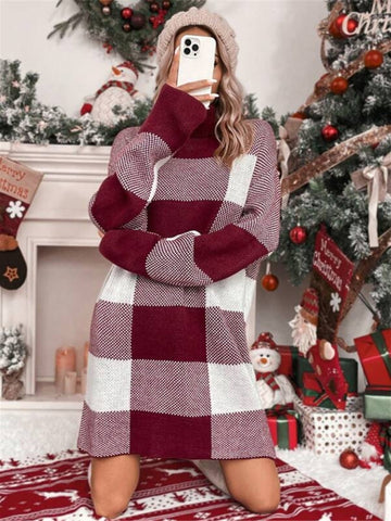 Robe pull ample à carreaux contrastés et amincissante à col roulé de Noël 