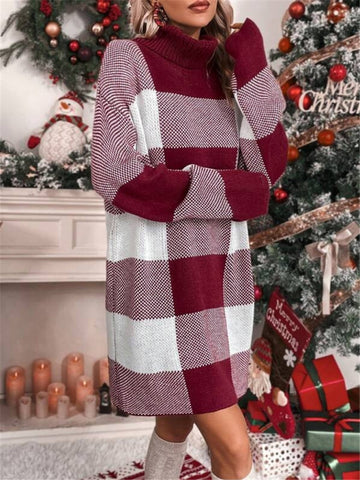 Robe pull ample à carreaux contrastés et amincissante à col roulé de Noël 