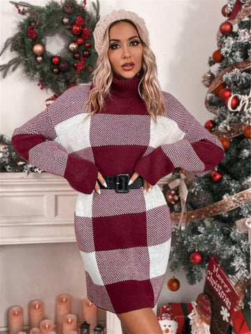 Robe pull ample à carreaux contrastés et amincissante à col roulé de Noël 